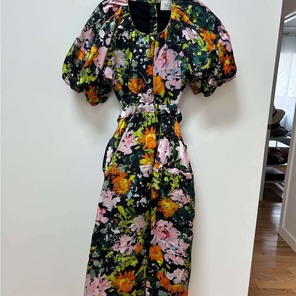 NWT Aje Multicolor Floral Dress with Puff Sleeves